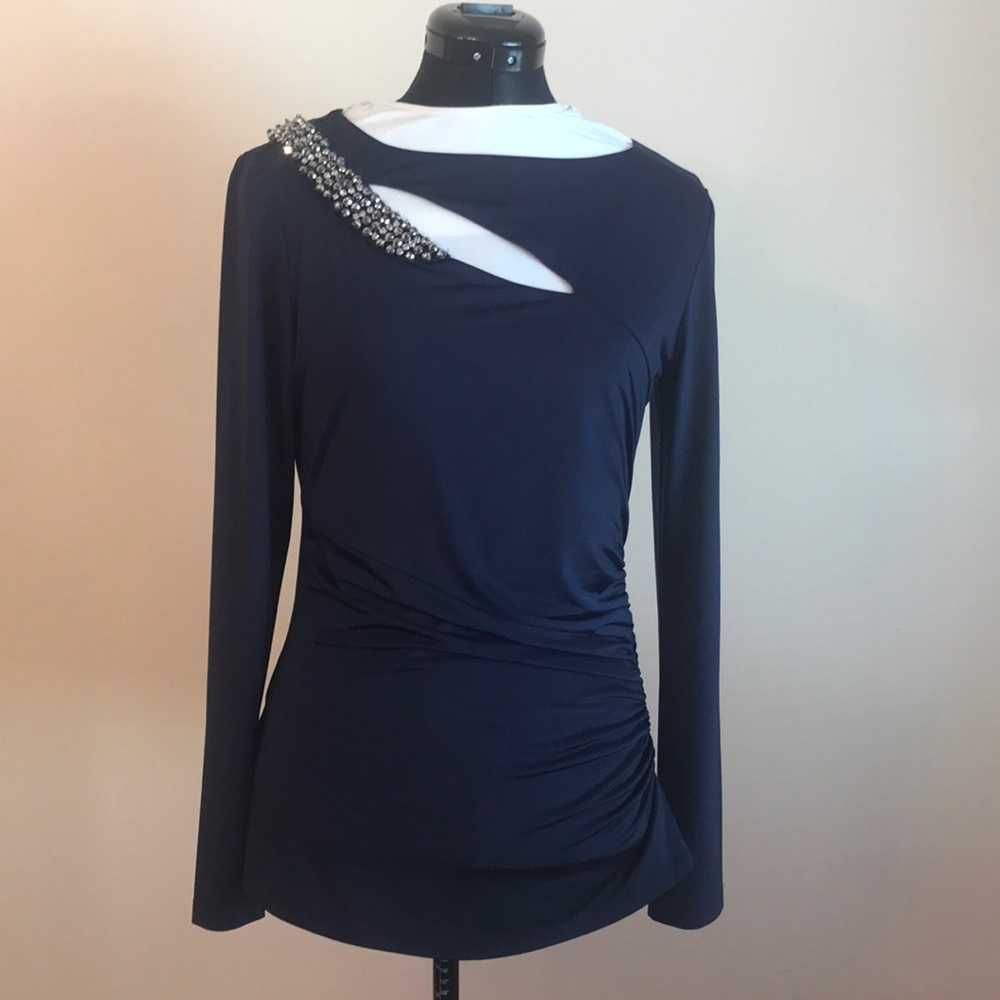 Cache Navy silky embellished top